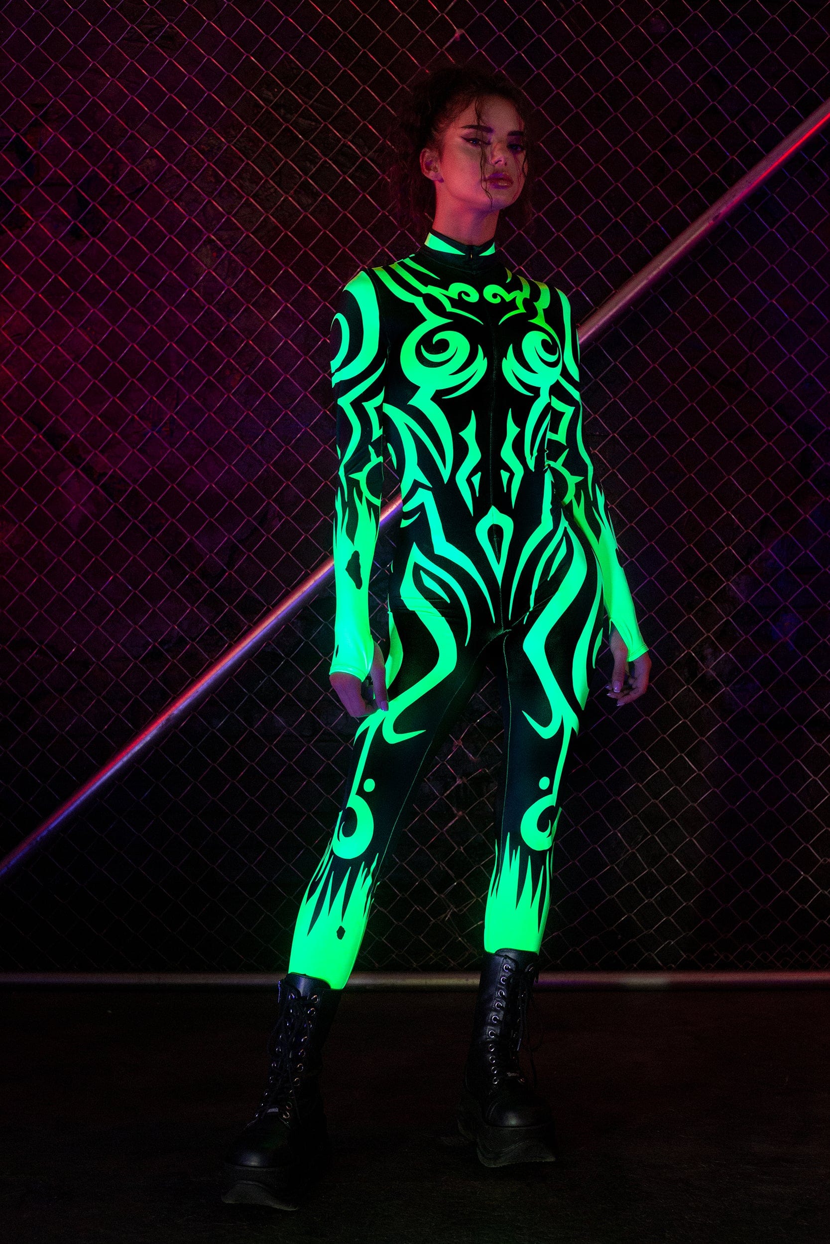 BADINKA black and green Lycra bodysuit with UV-reactive graphic details; women's sexy fitted design for Halloween; front view