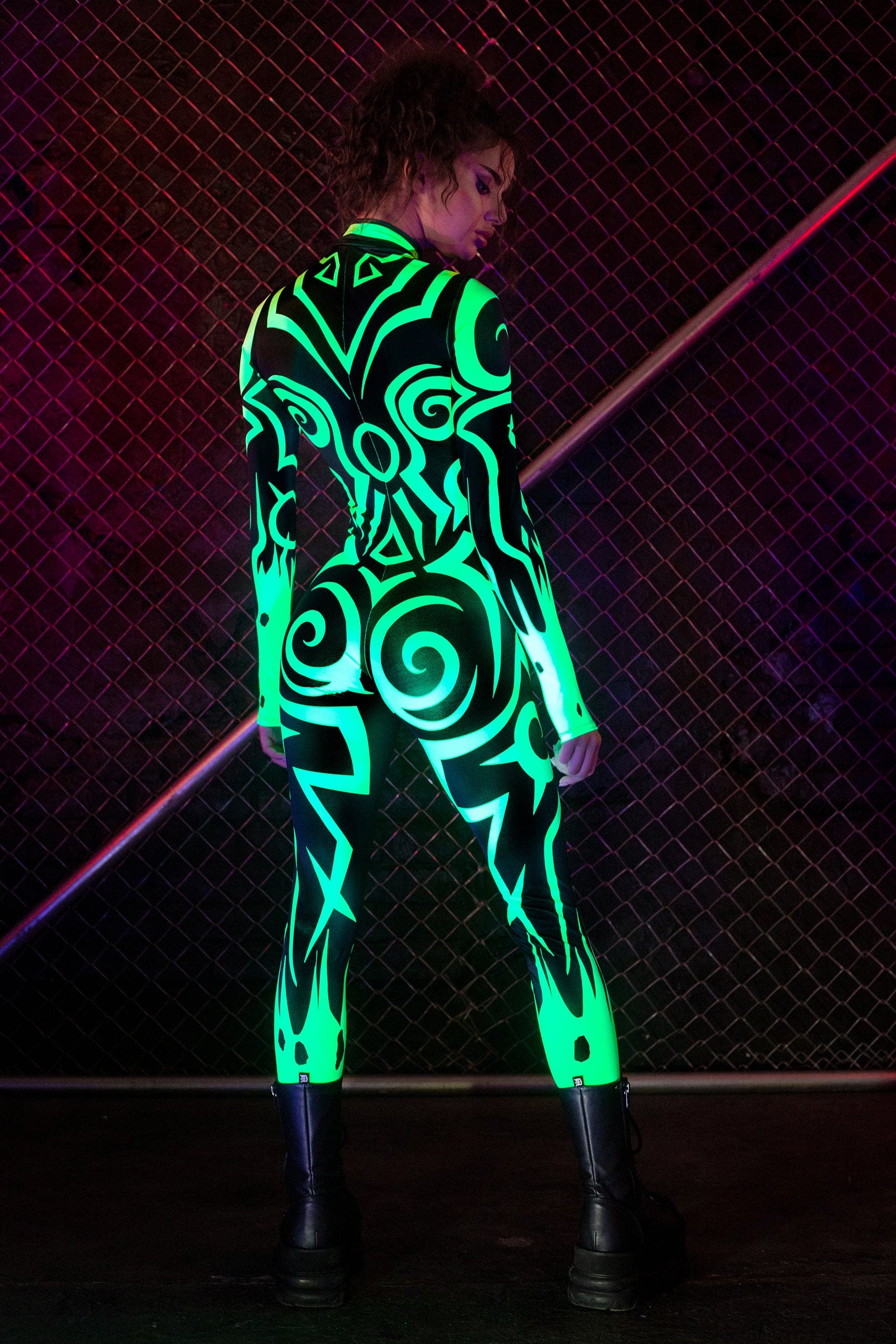 BADINKA black and green Lycra bodysuit with UV-reactive graphic details; women's sexy fitted design for Halloween; back view