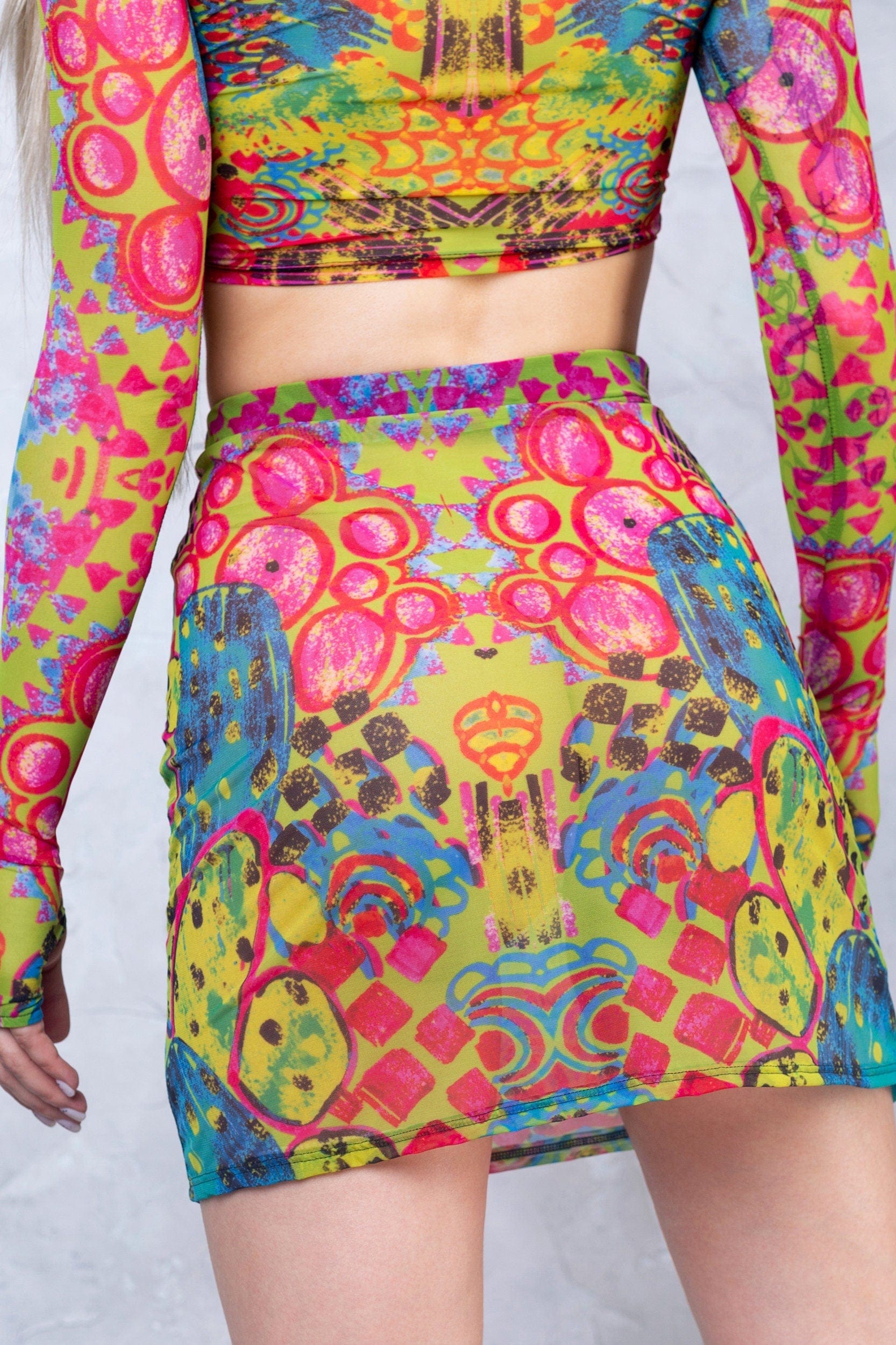 Mesh Rave Sleeved Mesh Rave Skirt Set with Long Sleeve Crop Top - BADINKA